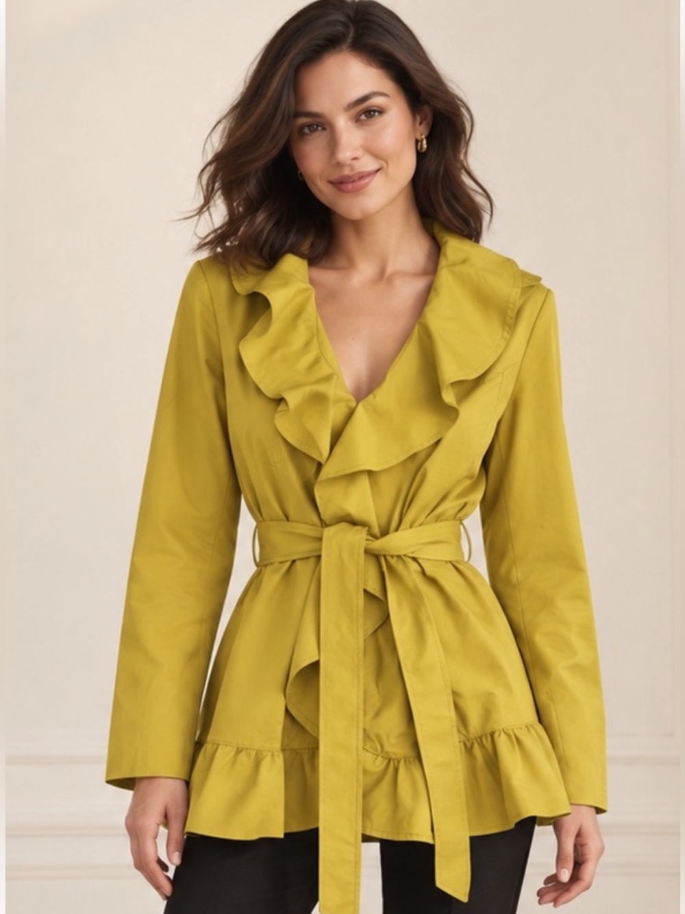 Sandro Studio Mustard Ruffle Belted Trench Coat Size Small EUC